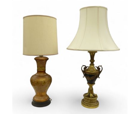 A large gilt twin handle urn table light and another gilt table lamp, largest with shade 54 by 54 by 104cm high. (2)