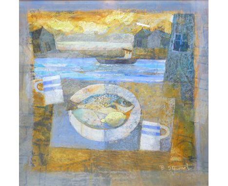 Barbara Stewart R.W.A. R.B.S.A P.S. (b 1929) mixed media "One Fish Walberswick" 89 by 3 by 89cm, glazed and framed.