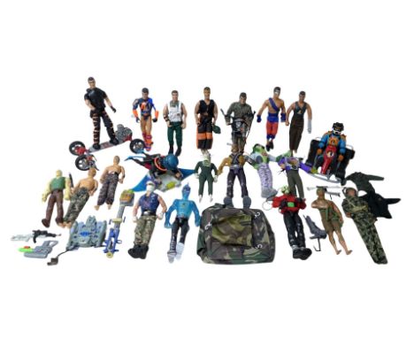 A collection of ten Action Man figures, with eleven enemies and friends, together with equipment including a go-kart, jet-pac