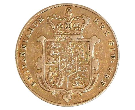 A George IV gold shield back sovereign, 1830, obverse with bare head portrait, reverse with crowned shield.