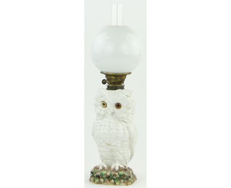 A Large Victorian porcelain owl design oil lamp,
with original brass fittings & shades, no factory marks, owl height 13.5", o