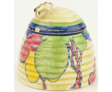 A Clarice Cliff Art Deco honeypot,
Blue Cottage design, Bizarre mark under, 3.75" across.