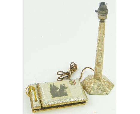 An Art Deco simulated mother of pearl table lamp,
height 14", together with a photo album, (2).