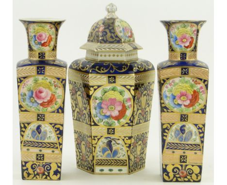 A garniture of 3 painted and gilded ceramic vases,
circa 1900 with painted panels of birds and flowers, monogram under base J