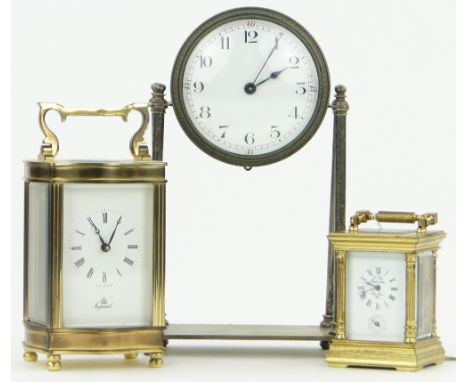 2 brass carriage clocks and a silver plated pillar clock, (3).