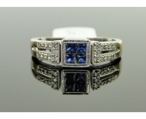 18ct white gold square-cut sapphire and diamond cluster ring,
with diamond set shoulders, setting height 6mm, size R.