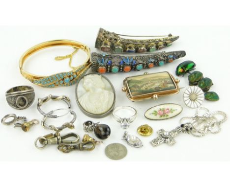 Box of various jewellery,
including coral, turquoise and enamel finger brooch and Victorian and later jewellery.