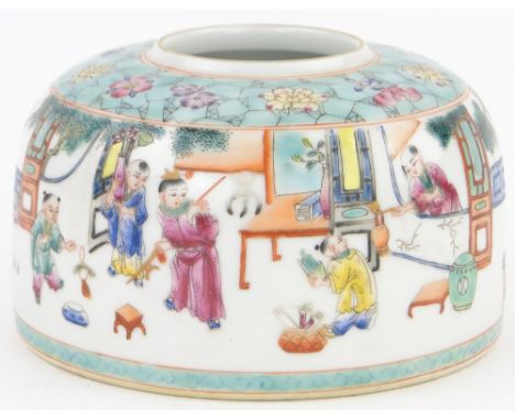 A Chinese porcelain brush pot,
of circular form, with painted designs of children playing, painted seal mark under, 4.75" acr