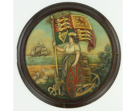 An Unusual 19th century relief-carved, painted & gilded wood roundel,
depicting Britannia and International Trade, previously