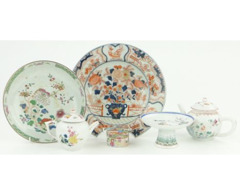 A Group of Oriental porcelain items,
including 2 Chinese teapots, a barber's bowl 11" across, a small painted tazza, 5.5" acr