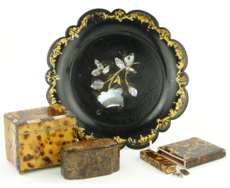 A small 19th century blonde tortoiseshell and mother of pearl inlaid tea caddy,
width 4", a tortoise shell card case, simulat