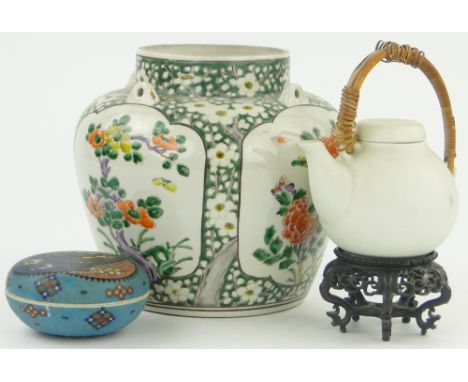 A large Chinese porcelain vase,
with 4 ring handles, 9.5" across, height 9", and a white porcelain teapot and a porcelain box