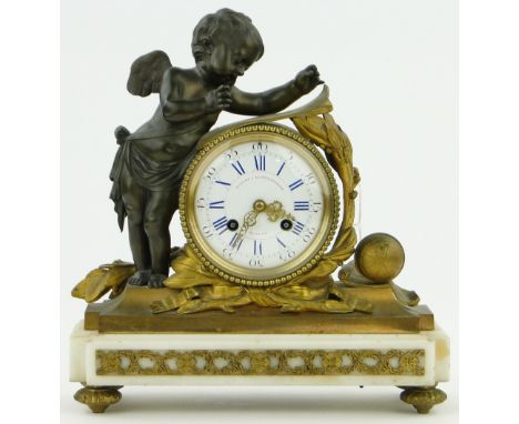 An ormolu and white marble mantel clock,
with enamel dial and 2-train movement, dial marked Aubert & Klaftenberger, Geneva, h