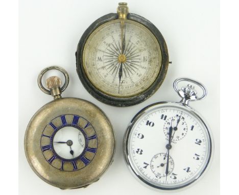 A silver cased half hunter pocket watch,
a chrome plate pocket watch and a Victorian compass, (3).