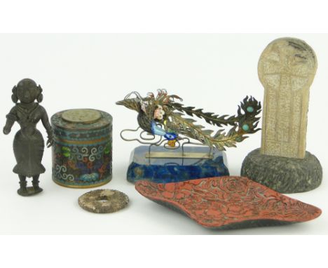 A Group of Oriental items,
including a silver & coloured enamel ornamental peacock on blue marble base length 7", a rough car