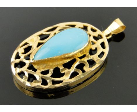 A teardrop shaped polished turquoise set pendant,
unmarked pierced gold settings, panel height excl. bale 40mm.