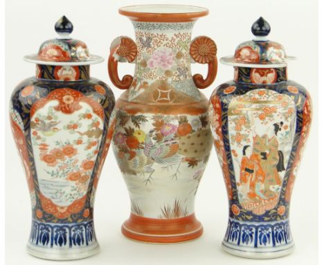 Pair of Chinese porcelain shouldered vases & covers,
with painted blue red & gilded designs, height 14", together with a Chin