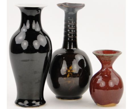 3 various Chinese red and brown glazed ceramic vases,
largest height 10", (3).
