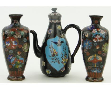 Pair of Japanese Cloisonne enamel vases,
height 6" and a Cloisonne sake kettle, height 6.5", (3).