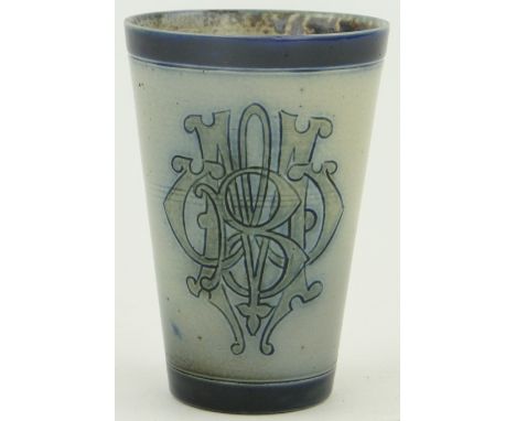 A Martin Bros. glazed Stoneware beaker,
with incised monogram to the side, incised signature under base R W Martin, London So