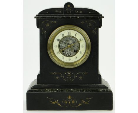 A late Victorian black slate mantel clock,
with 2-train movement, height 13".