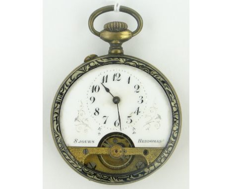A 19th century Swiss nickel and enamel case topwind pocket watch,
by Hebdomas, with horse and hound design, case width 50mm.