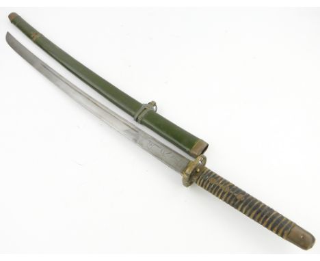 A Second World War Japanese sword,
with brass tsuba and green lacquer scabbard, blade length 27.5", overall length in scabbar