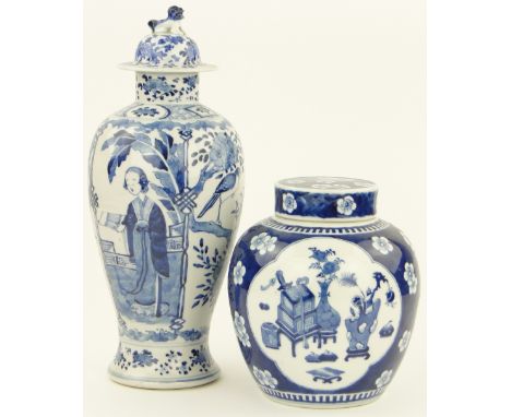 A Chinese blue & white porcelain vase & cover,
decorated with birds & figures, 4 character mark under, height 15", together w