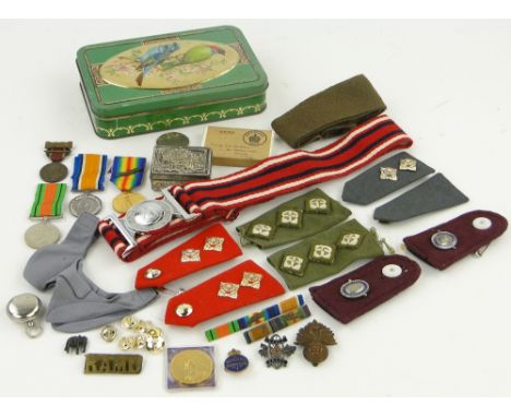Quantity of military items,
including pair of First War medals to 93530 Pte. J G Fletcher RAMC, cap badges, Royal Army Nursin