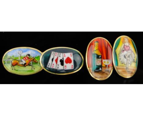 A pair of 18ct gold and painted enamel cufflinks,
with designs depicting dancing girl, horse racing, champagne and playing ca