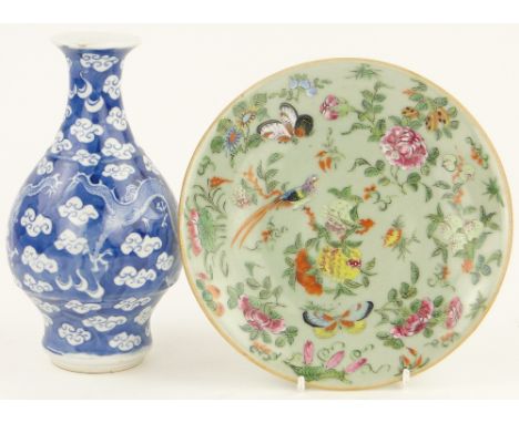A Chinese Celadon porcelain dish,
7" across and a Chinese blue and white porcelain narrow neck vase, 4 character mark under, 