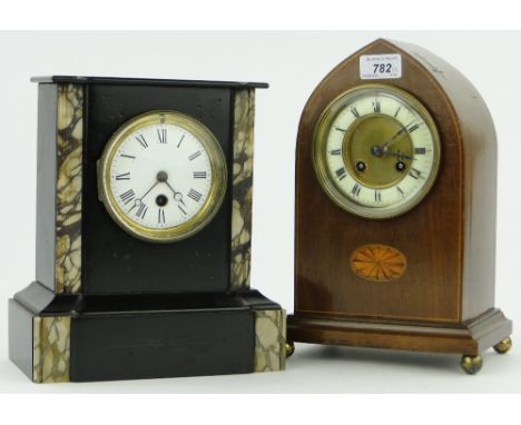 A mahogany arch top mantel clock,
with 2-train movement, and a black slate and marble clock, (2).