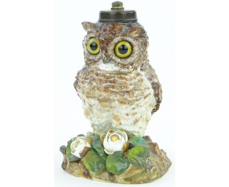A Victorian porcelain owl design lamp base,
impressed diamond registration mark, no factory marks, height 7"