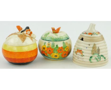 3 Clarice Cliff preserve pots,
Liberty, Sandon & Napoli patterns, (3).