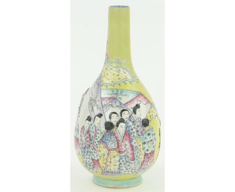 A Chinese porcelain narrow neck vase,
with relief decorated court figures, painted seal mark under, height 9".