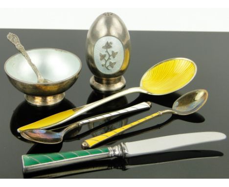 A silver and enamel 2-piece cruet,
and 4 other silver and enamel items, (6).