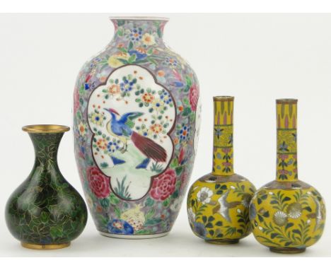 An Oriental porcelain vase,
height 9.5" and 3 Cloisonne enamel vases, (4).