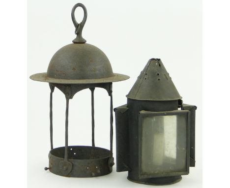 An Arts & Crafts metal lantern light fitting,
no shade, together with a Victorian metal 3 sided candle lantern, height 10" (2