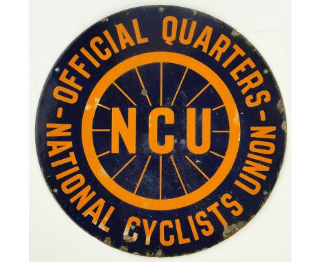 A Vintage enamel advertising sign,
for the National Cyclists Union Official Quarters, 18" across.