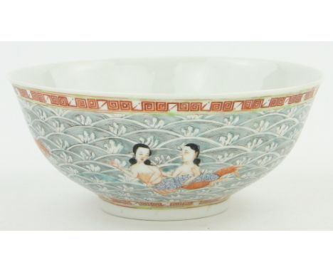 A Chinese porcelain bowl with painted designs of mermaids & sea monsters,
painted seal mark under, 7.5" across.