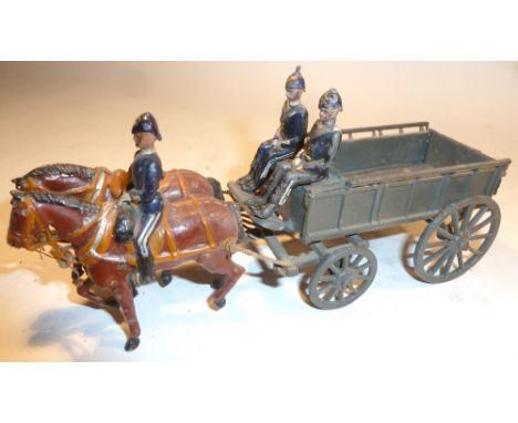 Britains set 146, Army Service Corps Supply Wagon Full Dress, FIRST VERSION, collar harness, grey finish to wagon, with two s