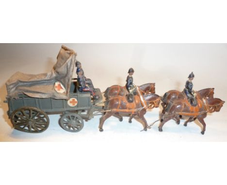 Britains set 145, Royal Army Medical Corps Ambulance Wagon Full Dress, FIRST VERSION, grey finish to wagon, with two seated m