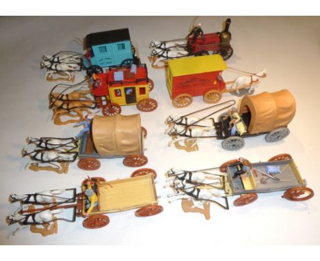 Timpo Wild West Horsedrawn Vehicles Patent Medicine wagon, Fire Engine, Jail Wagon, Stage Coach, two Buckboards and two Chuck