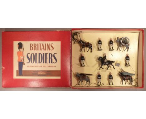 Britains set 28, Mountain Artillery with six pieces of ammunition in original ROAN box (E, box F, two lid corners split) 1956