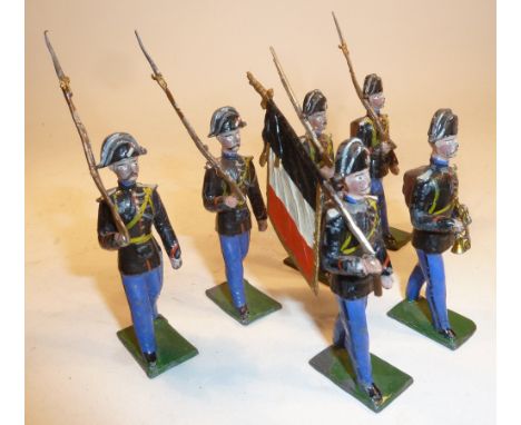 German made Saxon Infantry 58mm scale, possibly by Noris, German flag bearer, bugler and four at the slope, three with bayone