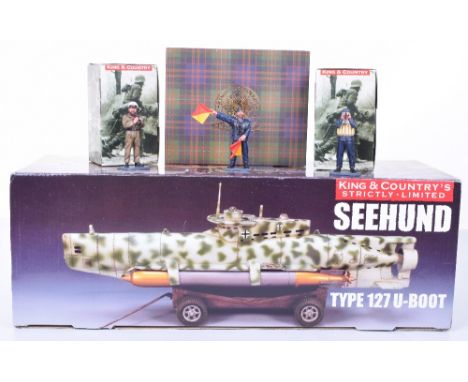 King and Country Kreigsmarine sets KM10 Seehund Submarine (Limited edition 750), KM1 Flag Signaller, KM2 Korvettenkapitan Gun