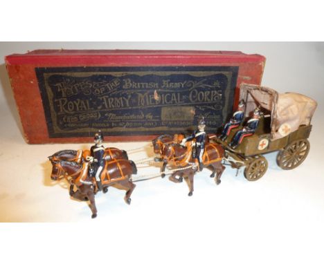 Britains set 145, Royal Army Medical Corps Ambulance Wagon Full Dress, khaki finish to wagon, with two seated men (G, red cro