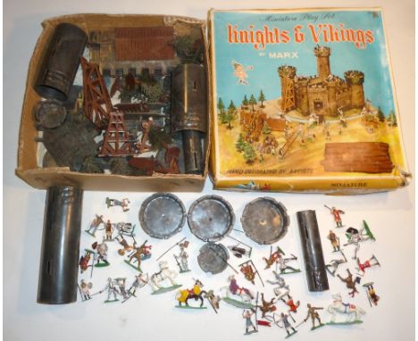 Marx, various scales 28mm scale Castle with Knights, Vikings, Trees and War machines in original box (G, some damaged, box F)