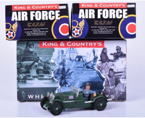 King and Country Royal Air Force sets RAF9 Flying Officer and Trophy RAF10 MG Sports Car set and RAF11 Wing Commander Guy Gib