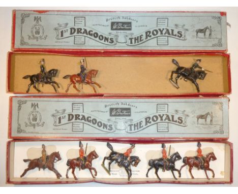 Britains Cavalry from sets 31, 1st Dragoons, three with officer in original Whisstock box, and an additional box (G, boxes G,